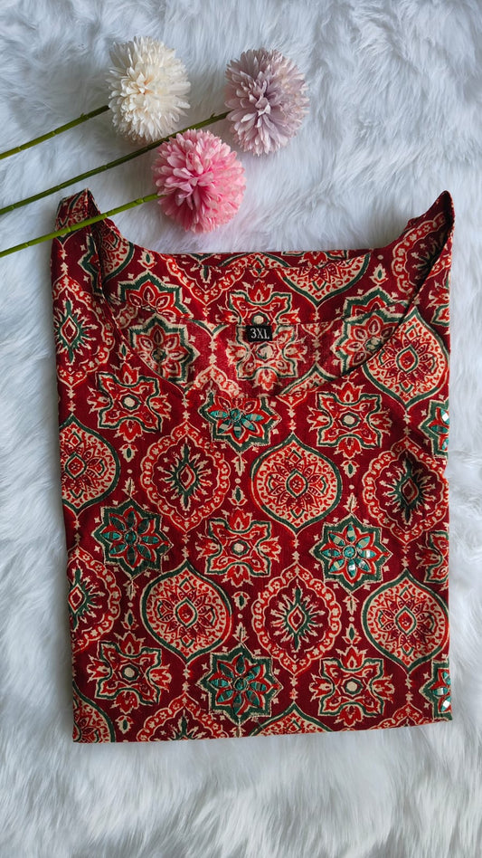 Maroon Straight Kurti With Paisley Print Design.