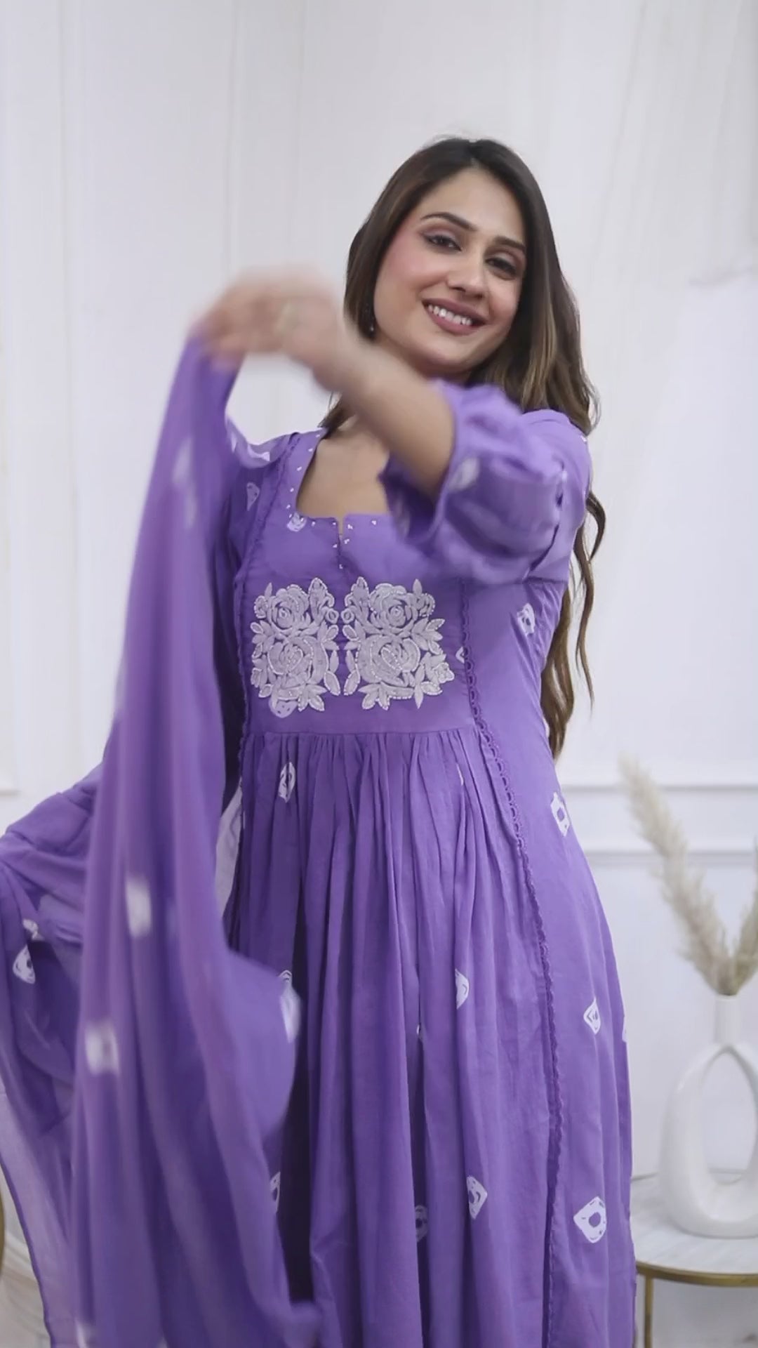 Premium Quality Pure Mul Cotton Bandhani Print Embroided Anarkali Kurti Pant Dupatta Set With Mul Cotton Lining Inside.