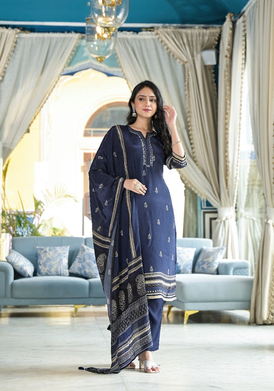 Dark Blue Crepe Suit Set with Hand block Dupatta & Thread work Neck