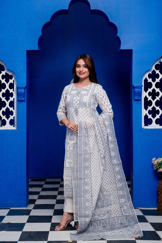 Ivory With Grey Block Print Linen Mirror Work Zari Blockprint Suit Set