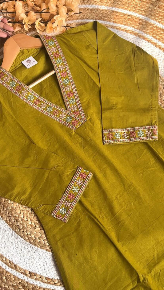 Mustard Green Embroidered Kurta Set |Cotton Silk 2-Piece Suit |Indian Wedding Wear for Women