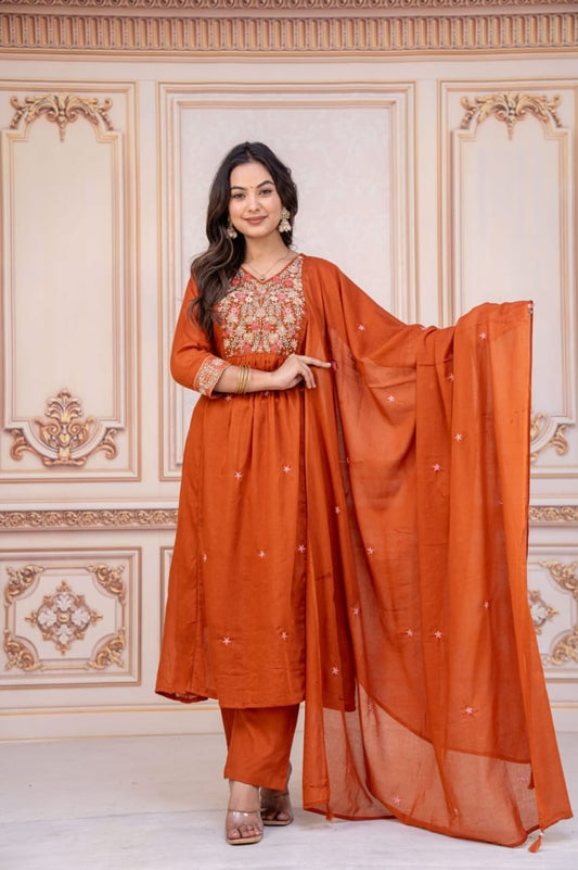 Rust Orange Mulmul Cotton Embroidered Kurta Set with Dupatta & Pant with lining | Ethnic Festive Wear for Women