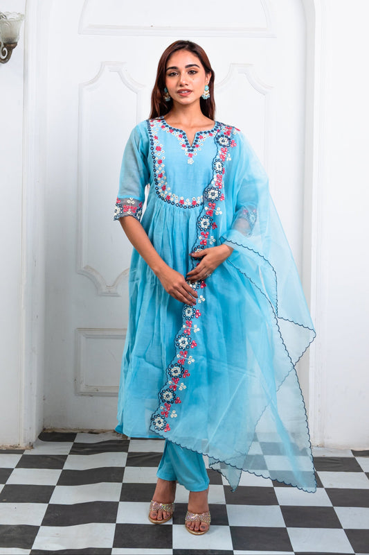 Sky Blue Organza Embroidered Suit Set