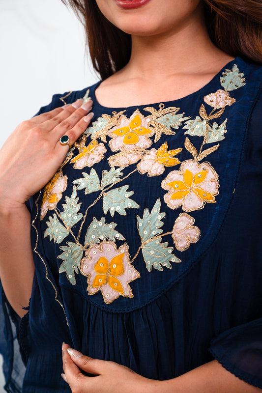 Dark Blue Mul Chanderi Embroidered Suit Set