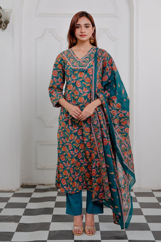 Teal Green Cotton Suit Set with Rust Floral Print & Sequin Dupatta
