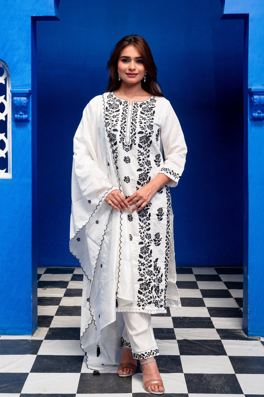 White Cotton Suit Set with Black Thread Embroidery