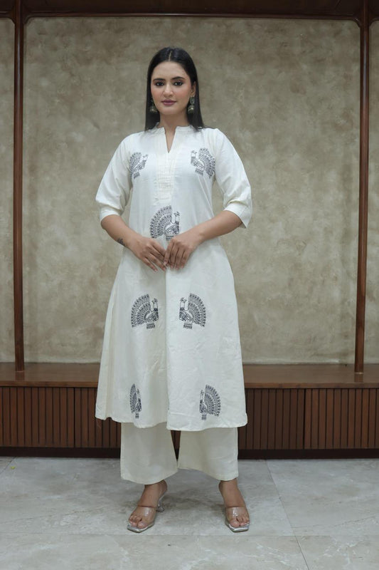 Sustainable Khadi Cotton Kurta Set | A-Line Kurti with Dark blue Peacock Embroidery & Palazzo 2pc suit