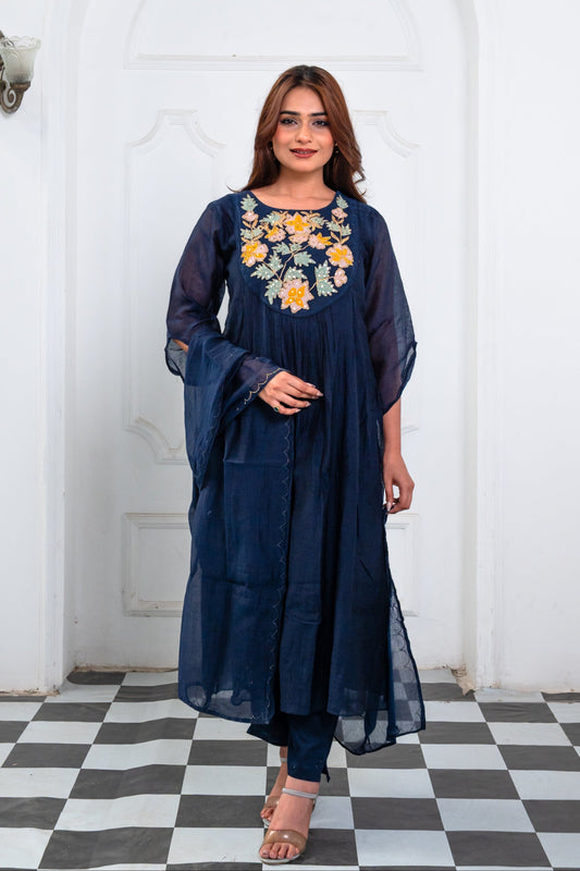 Dark Blue Mul Chanderi Embroidered Suit Set