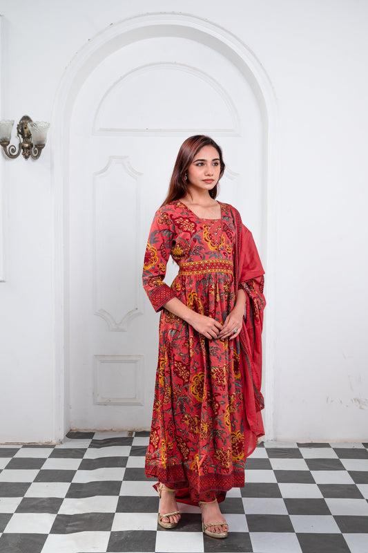 Claystone Red Handblock Anarkali Cotton Suit Set with Printed Dupatta