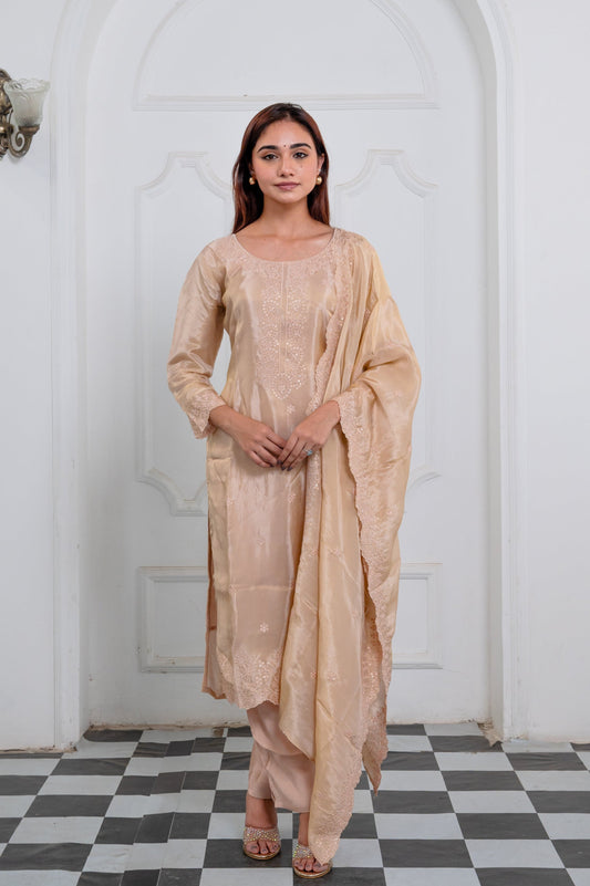 Nude Beige Tissue Suit Set with Kolkata Handwork & Sequin Accents