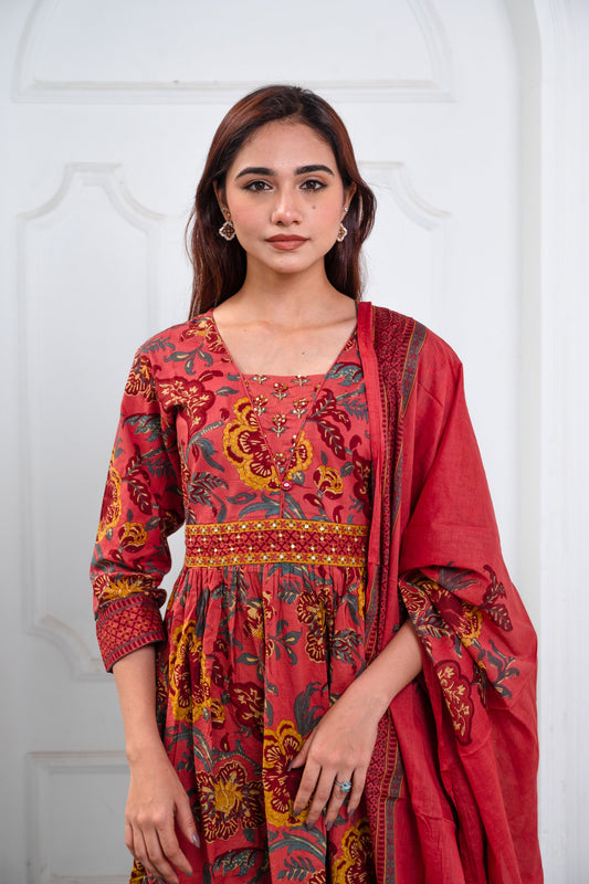 Claystone Red Handblock Anarkali Cotton Suit Set with Printed Dupatta