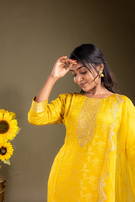 Haldi Yellow Bandhani Soft Silk Cotton Festive Suit Set
