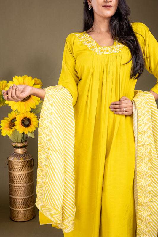 Marigold Yellow Rayon Salwar Suit Set with Striped Dupatta