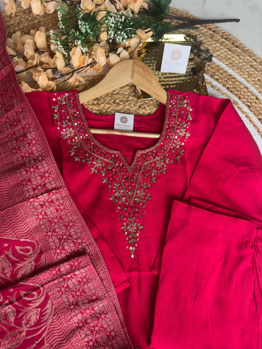 Roman Silk hot pink zardosi work with Banarasi dupatta