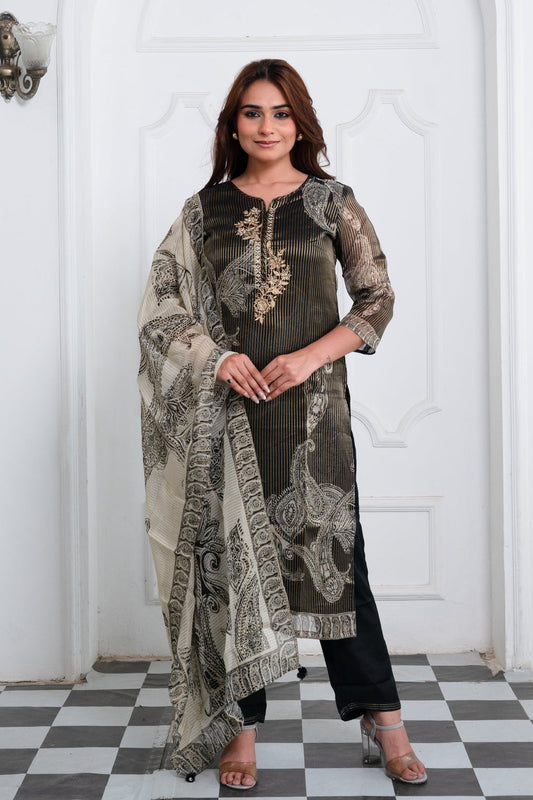 Black Crepe Suit Set with Gold Zardozi Embroidery & Beige Block print Dupatta