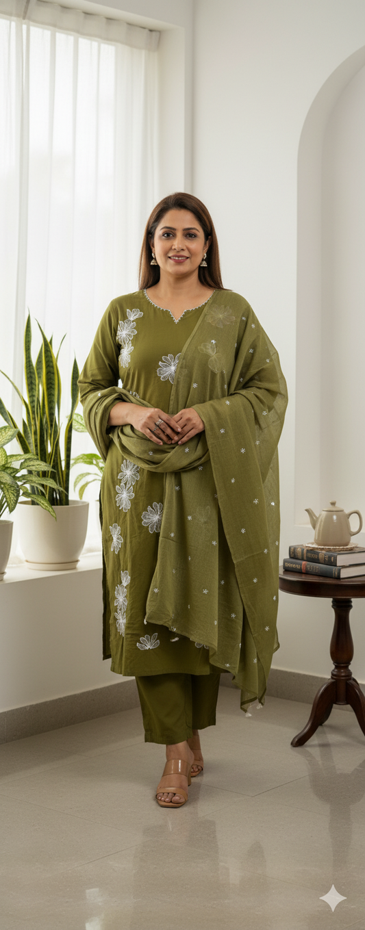 Elegant Olive Green Embroidered Cotton Kurta Set with Dupatta | Plus Size