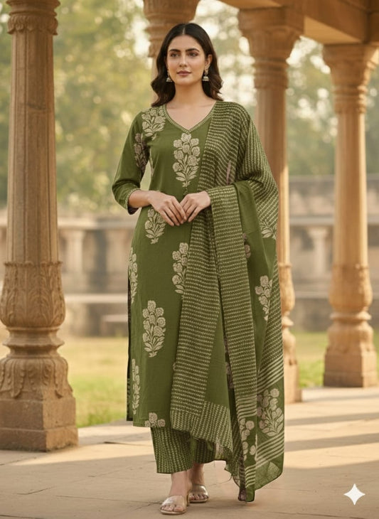 Olive Green Floral Print Cotton Suit Set with Dupatta | Trending Ethnic Wear 3-Piece Set | Best Selling Kurti Pant