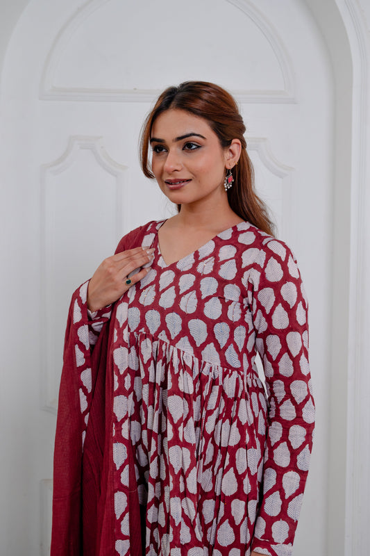 Ruby Maroon Hand-block Cotton Anarkali Suit Set with Sequin Accents