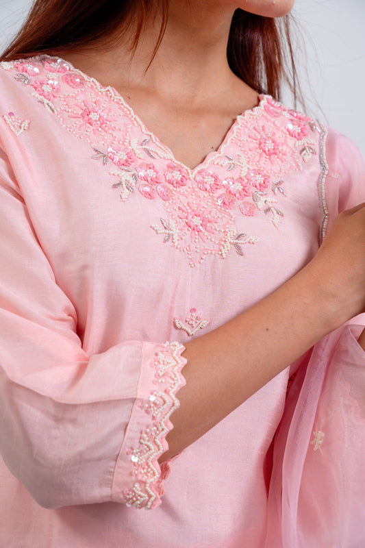 Blush Petal Pink Dola Silk Suit Set with Hand Embroidery