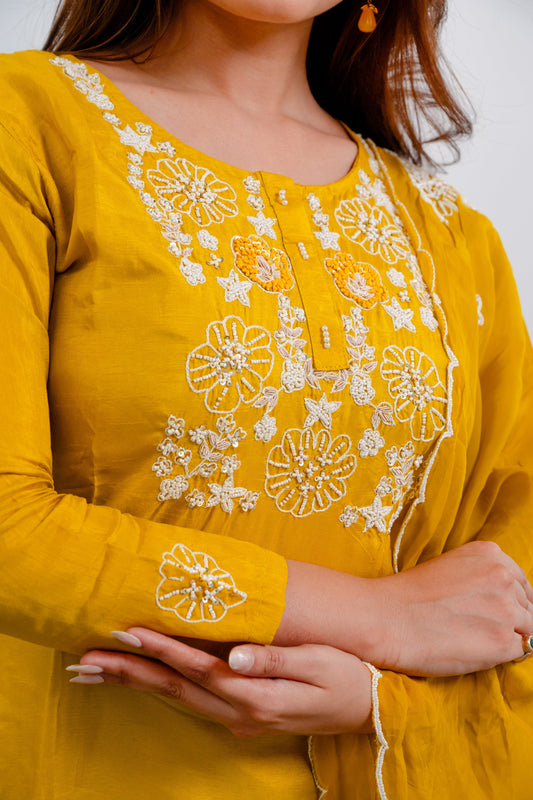 Mustard Yellow Dola Silk Suit Set with Organza Dupatta & Hand Embroidery