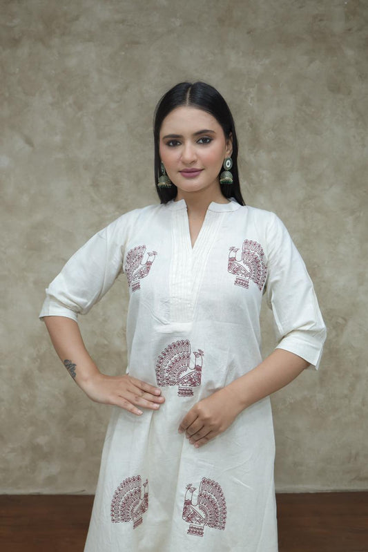 Sustainable Khadi Cotton Kurta Set | A-Line Kurti with Maroon Peacock Embroidery & Palazzo 2pc suit