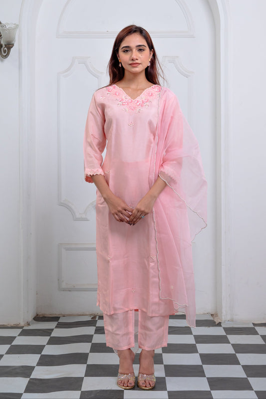 Blush Petal Pink Dola Silk Suit Set with Hand Embroidery