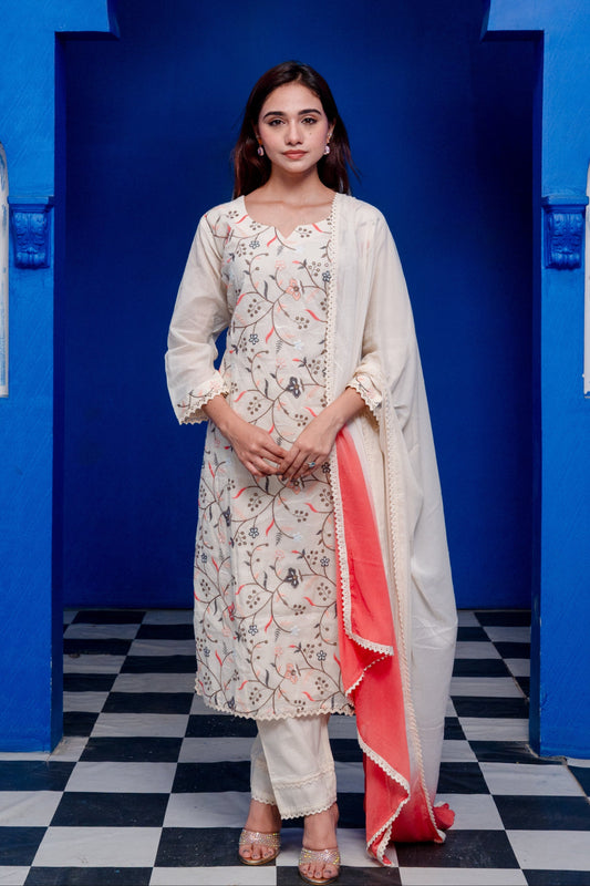 Embroidered Cream Suit Set with Coral Peach Dupatta