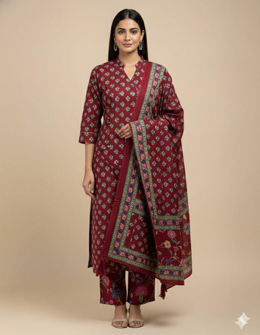 Maroon Hand Block Print Cotton Kurta Set with Dupatta & Pants | Elegant 3-Piece Indian Ethnic Wear for Women