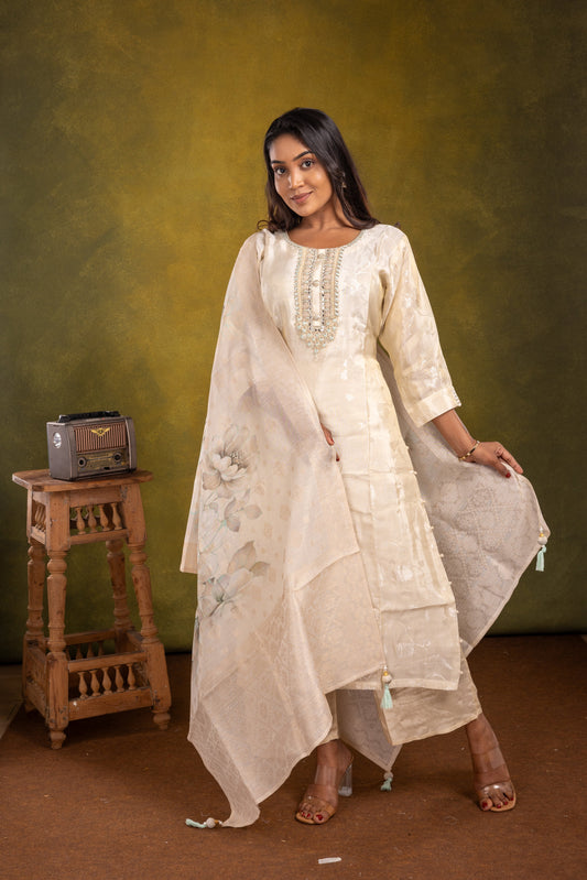 Cream Silk Cotton Salwar Suit Set