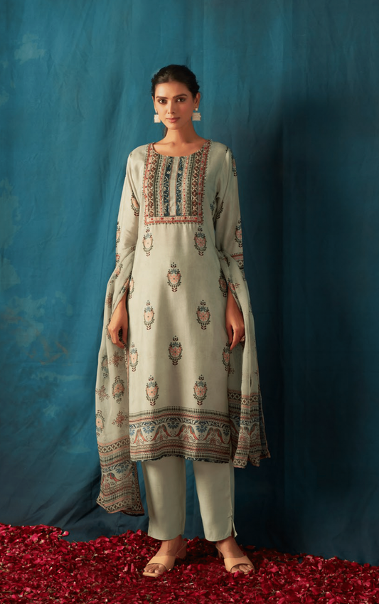Pastel Pista Green Muslin Suit Set with Warli Print & Organza Dupatta