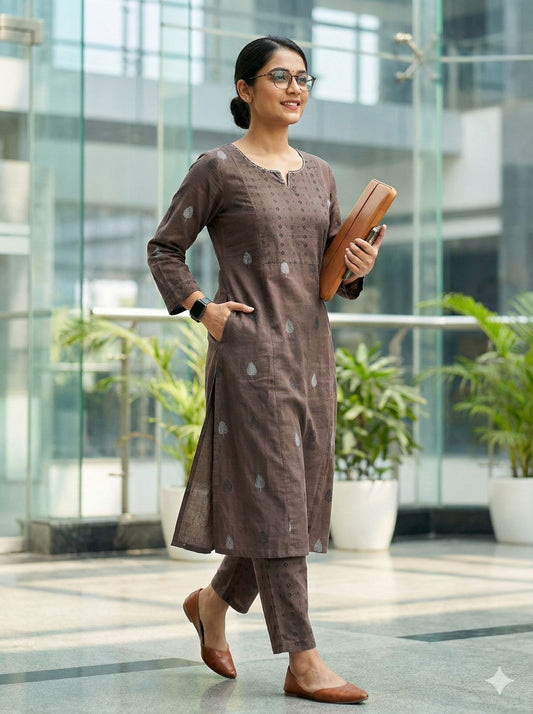 Women's Handloom Woven Cotton Kurti with Pant 2pc |A-Line Set | Daily Wear |Casual Wear| Office Wear| Ethnic Tunic
