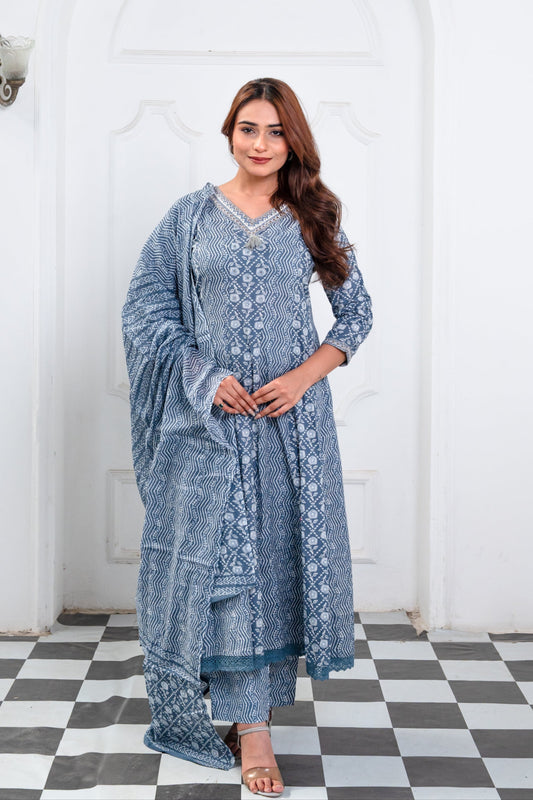 Dusty Indigo Blue Cotton Anarkali Suit Set with Tribal-Inspired Block Print
