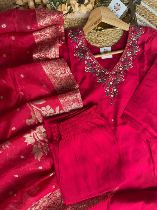 Roman Silk Hot Pink Embroidered Suit with Banarasi Dupatta